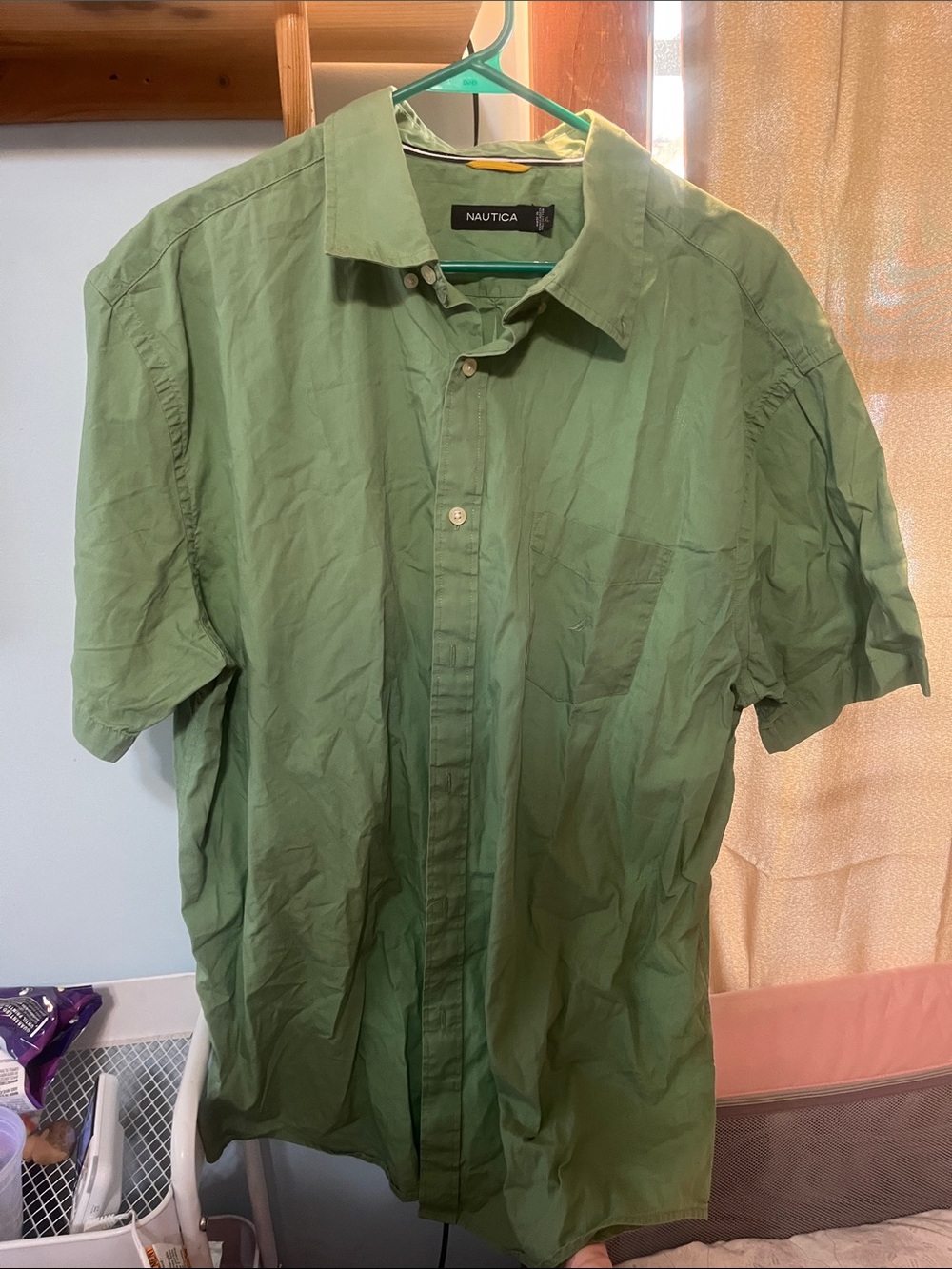 Nautica Men's Light Green Short-Sleeve Button-Down Shirt